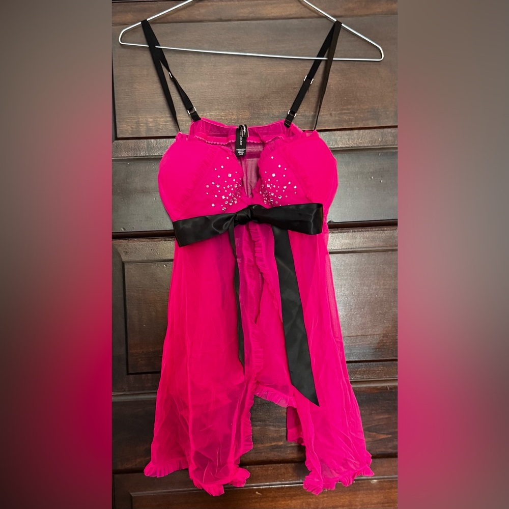 Victorias Secret Lingerie‎ Babydoll Top Pink Black Mesh Ruffle with Bow